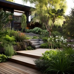 a modern garden with a unique set of outdoor furniture, well-maintained greenery