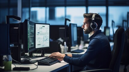 A person wearing a headset and talking on the phone, surrounded by computers in a call center - obrazy, fototapety, plakaty