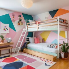 A playful children's room with a colorful wallpaper accent wall, a wooden bunk bed with a ladder