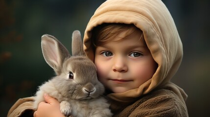 A sweet image of a child holding a baby bunny in their lap, the two of them snuggled up together