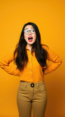 Young beautiful chinese business woman wearing glasses over isolated yellow background smiling happy and happy doing winner gesture with crazy fingers on fingers with the camera.