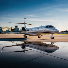 a private jet on the tarmac, with the airport terminal and control tower in the background.