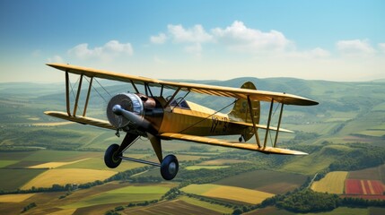 A vintage biplane flying over a rural landscape, with green fields and blue skies in the background - obrazy, fototapety, plakaty