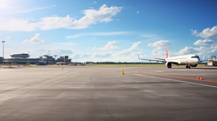  panoramic view of an airport runway with planes parked and in motion - obrazy, fototapety, plakaty