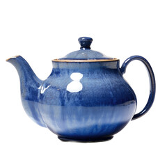 a Classic styled blue ceramic glazed teapot in a side view in an isolated and transparent PNG in a hot Drink-themed, photorealistic illustration. Generative ai