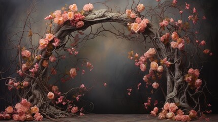 Floral arch and pink delicate flowers and roses. Photo background for a photo studio in warm gray tones with flowers.