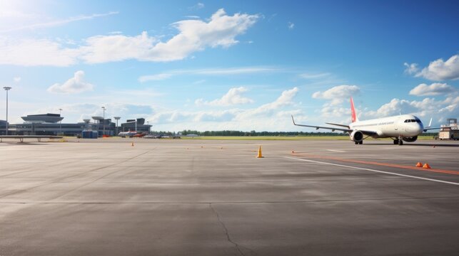  panoramic view of an airport runway with planes parked and in motion