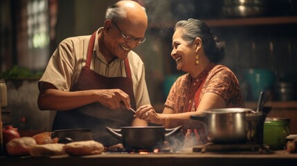 A touching stock photo of an old couple cooking breakfast together in their traditional kitchen