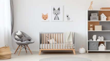 A stylish children's room with a gray and white color scheme, a wooden crib with a gray crib sheet