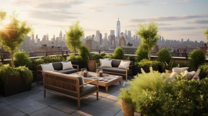 serene rooftop garden with a variety of plants, a stylish seating area,