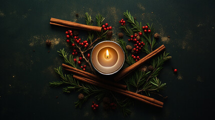 Christmas Candle on a Bed of Scented Cinnamon Sticks, Leaves, Cranberries, Cloves, and Star Anice - On Textured, Vintage Green Background with Copy Space - Xmas Holiday Theme Flat Lay Overhead View