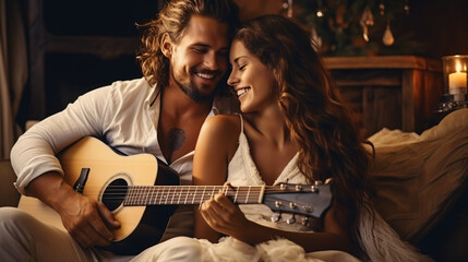 young happy couple with guitar at christmas time