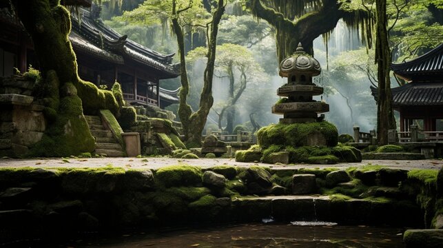 an image of a tranquil Zen monastery with a moss-covered stone fountain