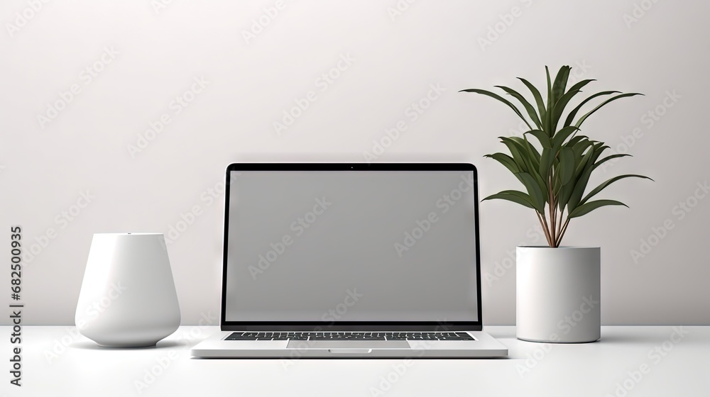 Leinwandbilder front view on blank white laptop display on white table with stylish vase, lamp and smartphone. mock