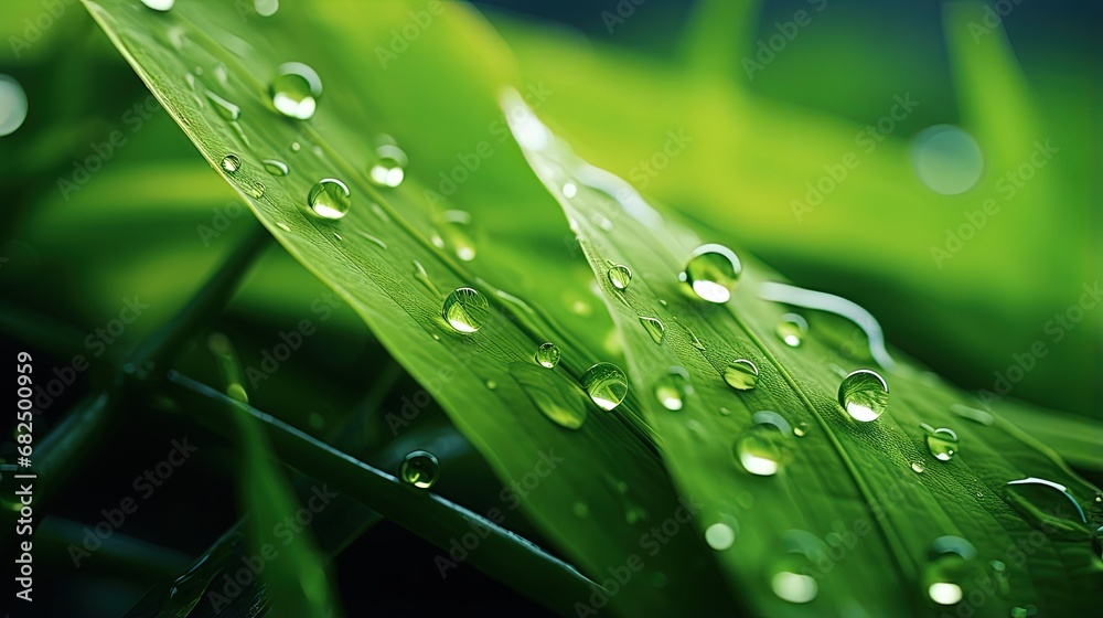Poster very beautiful macro image of natural illuminated water droplets on surface of green leaf or stem of