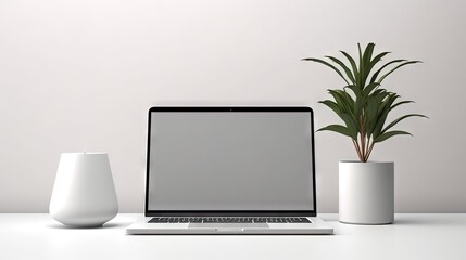 Front view on blank white laptop display on white table with stylish vase, lamp and smartphone. Mock up. 3D rendering