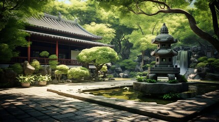an image of a tranquil Asian garden with a bamboo grove, stone basin water fountain, meditating...