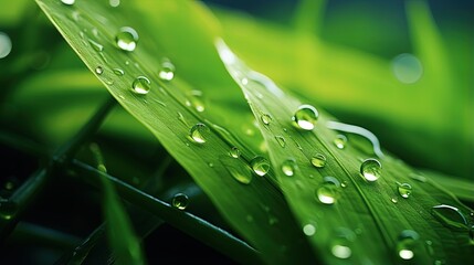 Naklejka premium Very beautiful macro image of natural illuminated water droplets on surface of green leaf or stem of grass, symbol of fragility and purity nature.