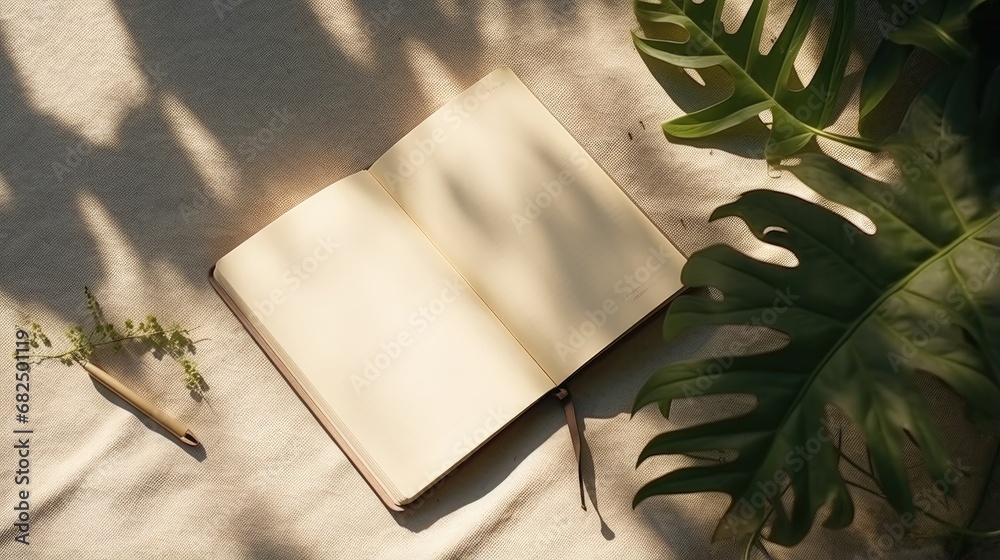 Poster the shadow of a home plant falls on a blank sheet of an open notebook. a simple concept of planning 