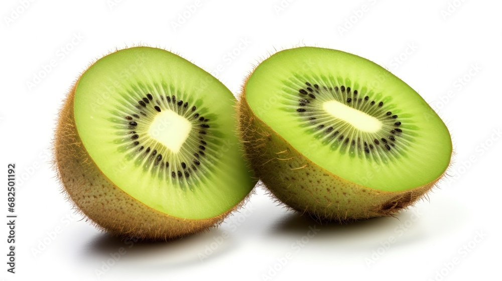 Poster Kiwi fruit two slice isolated on white background. Clipping Path. Full depth of field.