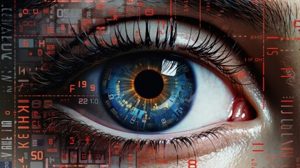 Eye viewing digital information represented by circles and signs