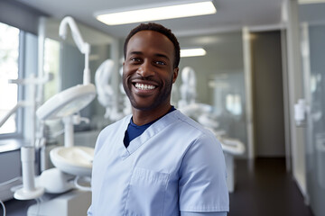 Smiling men dentist at work. Men dentist in her office. Black man. African American. Work. AI.
