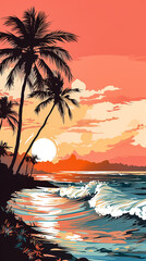 Tropical seaside landscape with views of the shore, sky, silhouettes of palm trees and a bright sunrise. Illustration. Poster art. Minimalism.