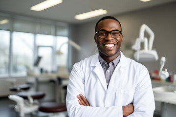 Smiling men dentist at work. Men dentist in her office. Black man. African American. Work. AI.
