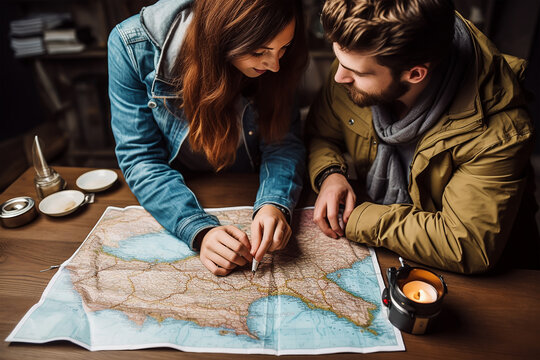 Young couple planning honeymoon vacation trip with map. Top view