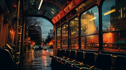 an image of city lights from a passenger on a scenic tram ride - obrazy, fototapety, plakaty