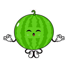 Watermelon doing yoga character. Vector hand drawn traditional cartoon vintage, retro, kawaii character illustration icon. Isolated on white background. Watermelon relax character