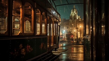an image of city lights through the window of a historic tram
