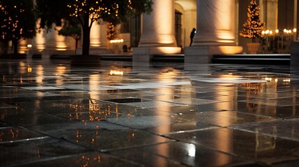 an image of city lights casting reflections on the polished marble floor of a plaza