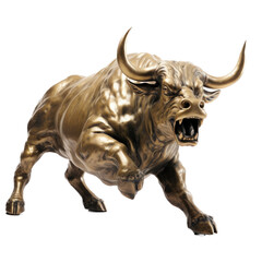 a statue of a raging bull representing the positive financial stock market, 3/4 view in an isolated and transparent PNG in a Financial-themed, photorealistic illustration. Generative ai
