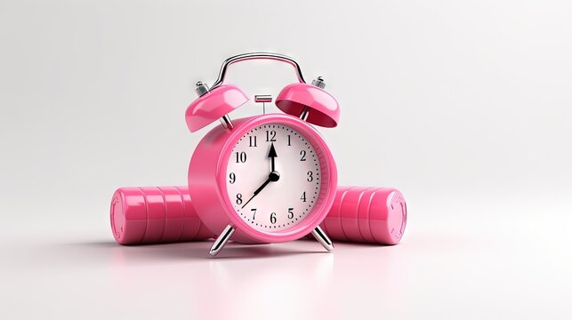 Pink dumbbells with alarm clock and measuring ruler on a isolated white background. Time to change your body concept. 3d render