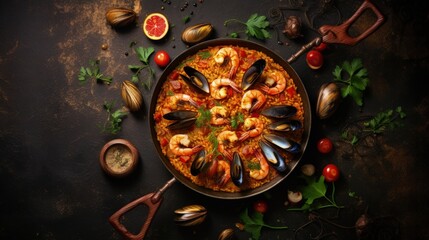 Traditional spanish seafood paella or arroz caldoso inside black pan with shrimps, mussels, clams and parsley. Homemade traditional paella inside paellera pot at home with table cloth