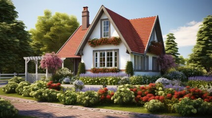 Fototapeta na wymiar Picture of beautiful village house with garden