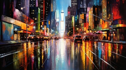 an image of city lights casting colorful reflections on a wet road - obrazy, fototapety, plakaty
