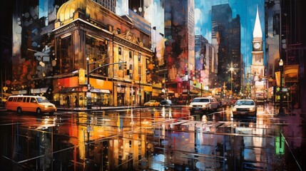 an image of city lights casting colorful reflections on a bustling plaza - obrazy, fototapety, plakaty