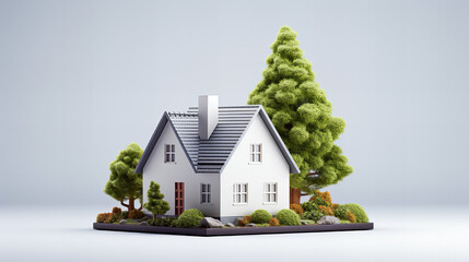 Miniature model of a house with trees and grass on white background. 3d rendering. Generative AI technology.