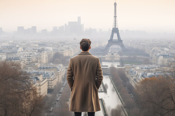 Fototapeta na wymiar Handsome young man back view overlooking the Eiffel Tower in a sunny winter day