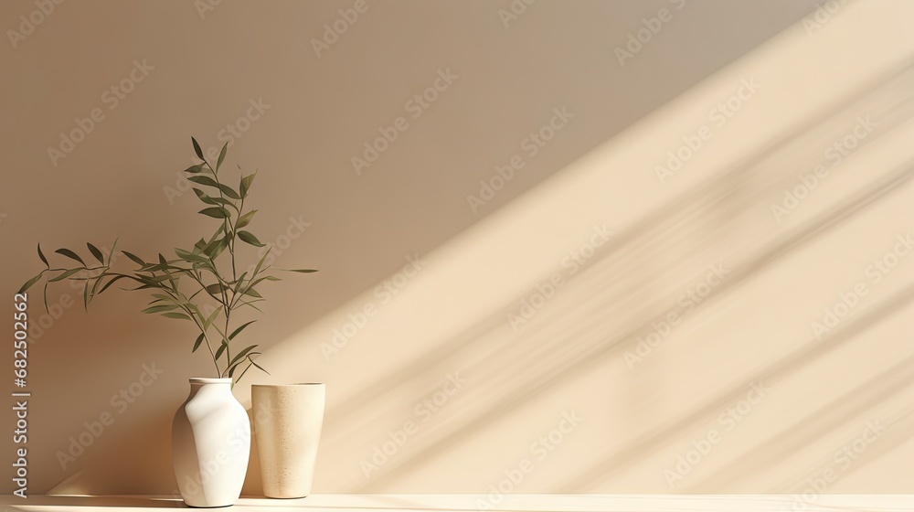 Poster minimalistic abstract gentle light beige background for product presentation with light andand intri