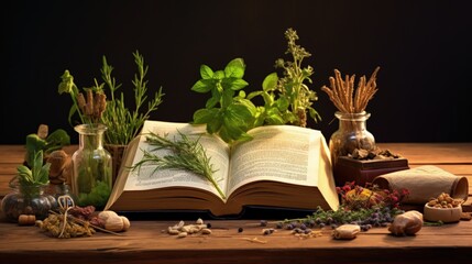 The natural medicine. Herbs, medicines and old book as copy space for your text - obrazy, fototapety, plakaty