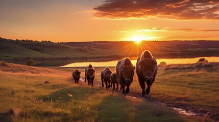 Bison herd with calves at sunrise at Fort Niobrara National Wildlife Refuge in Valentine, Nebraska, USA - obrazy, fototapety, plakaty