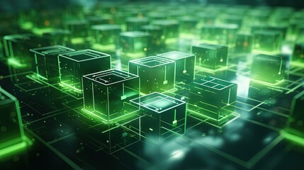 Green components integrating into action. Green technology concept abstract. Green cubes floating in formation. Shallow depth of field. 3D illustration, 3D rendering. - obrazy, fototapety, plakaty