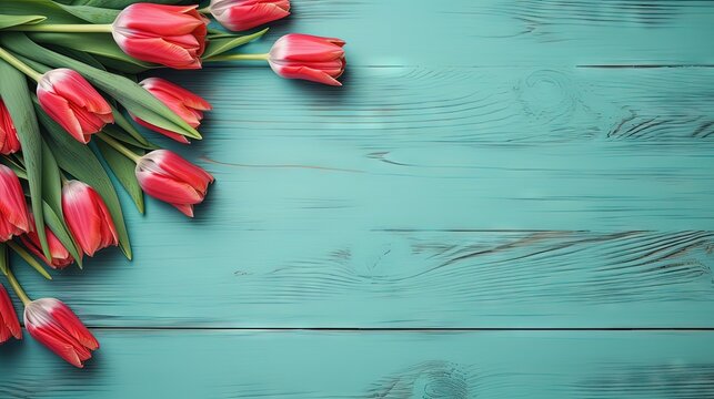 Frame of tulips on turquoise rustic wooden background. Spring flowers. Greeting card for Valentine's Day, Woman's Day and Mother's Day. Top view.