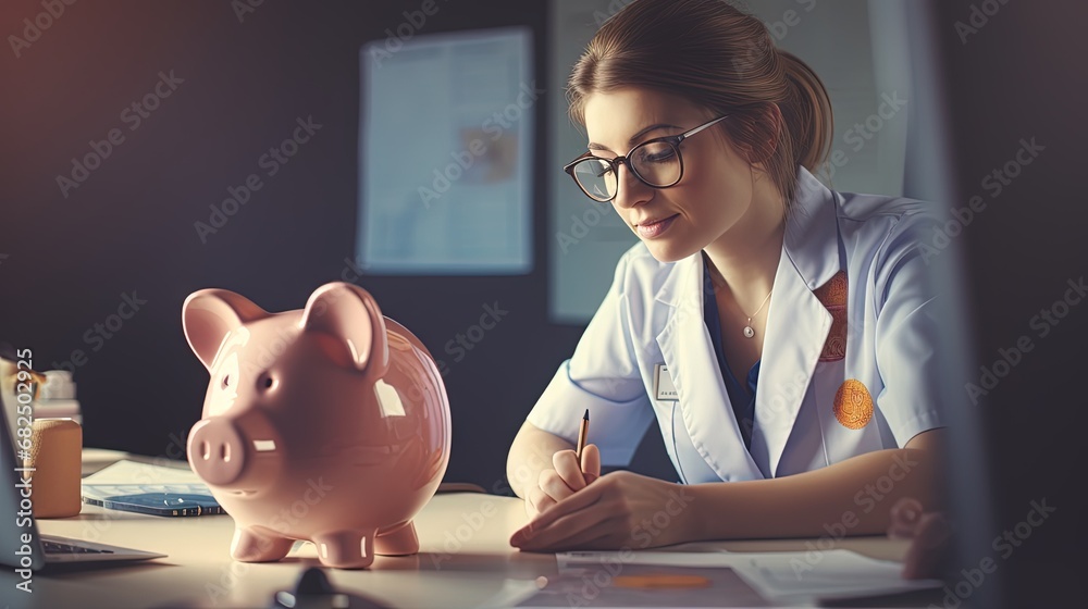 Wall mural Female doctor working at office desk with stethoscope and piggy bank on the foreground: health insurance concept