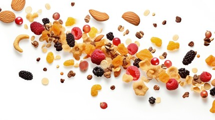 Obraz na płótnie Canvas Cereals with dried fruits and berries in the air isolated on white