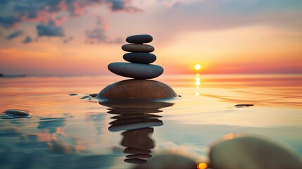 Vertical İmage, Stacking rocks on the beach, Balanced pebble pyramid silhouette at sunset. Zen stones on the beach, meditation, spa, harmony, calmness, balance concept.