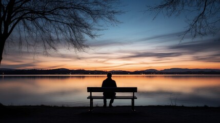 Fototapeta na wymiar Silhouette of a man sitting on a bench, looking over the lake on the Fraueninsel island at the Chiemsee Lake in Bavaria, Germany